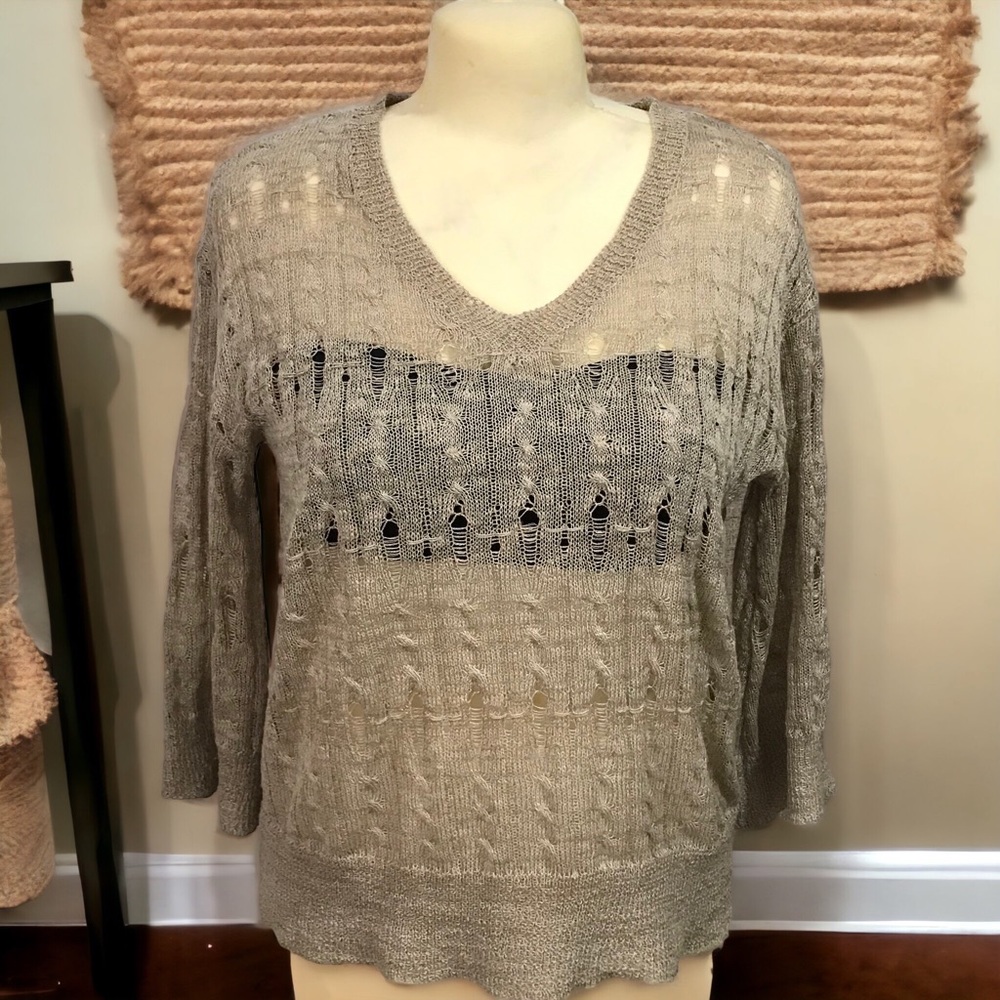 POL See Through Open Knit V-Neck Oversized Sweater Beach Cover Up